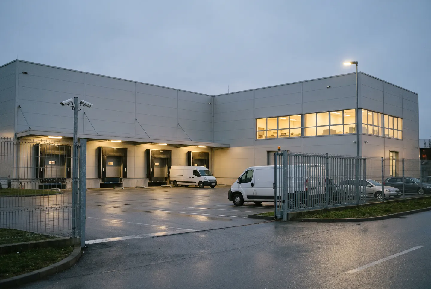 Industrijska hala u sumrak s vanjskim kamerama videonadzora i ograđenim dvorištem